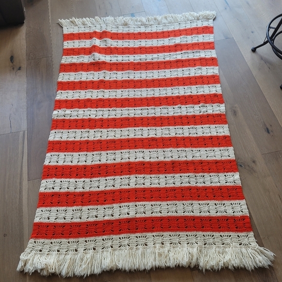 Handmade Vintage Crocheted Orange/White Stripe Throw Blanket w/Detailed Squares - Picture 2 of 7